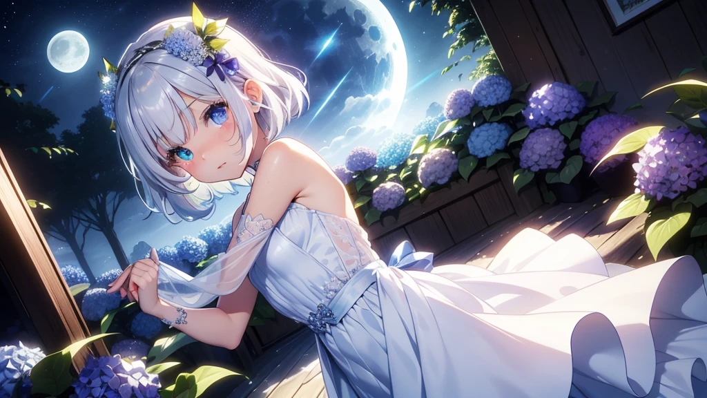 Best quality、Photorealistic、Ultra-detailed、delicate、Orderly、High Detail、Bluish Silver Short Bob、(Drooping heterochromia iris,glowing eyes、Sparkling Eyes:1.3)、slender、(One girl:1.2)、(moon、night、Night Sky、Dark night、Glowing Hydrangea、Mysterious Light、Dutch Angle、Dancing Girl:1.3)、Ambient Occlusion、Ambient Light、Ray-traced Reflections、Glow、Shiny Hair、