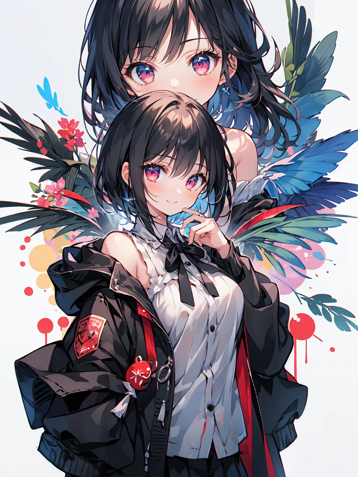 (masterpiece, highest quality, highest quality, (No text), Beautiful and aesthetic:1.2),No text,アニメ、 BREAK,One Girl,Short black hair Beautiful eyes Red eyes Beautiful mouth cool smile cute Black jacket mini skirt whole body night