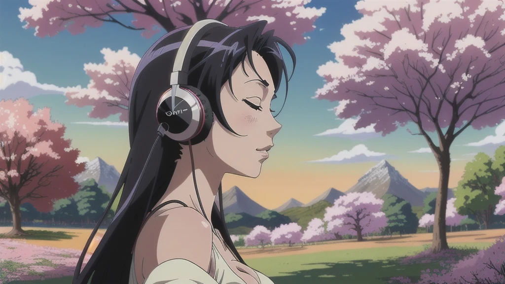 Anime girl with headphones and a cherry tree in the background sam yang, 1girl, black hair, breasts, closed eyes, closed mouth, day, grass, headphones, lips, long hair, mountain, outdoors, profile, shadow, small breasts, solo, tree , ((masterpiece)) anime background art, amazing wallpaper, background art, hd wallpaper, relaxing concept art, beautiful wallpaper, high quality desktop wallpaper, background artwork, pc wallpaper, anime background, wallpaper hd, 8K image quality, Masterpiece
