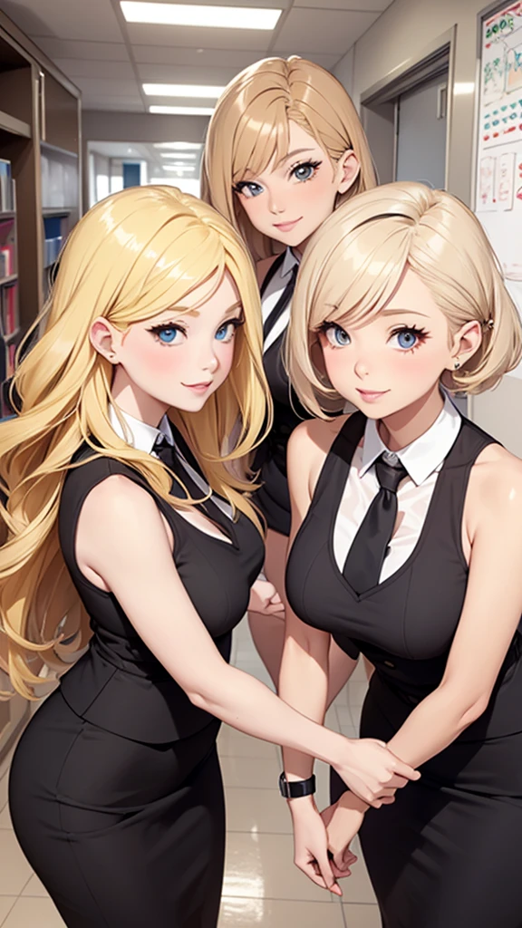 three sexy women in kindergarten teachers outfits who are wives of boy with blonde hair, flirtatious smiles, women have various hair colors and hairstyles