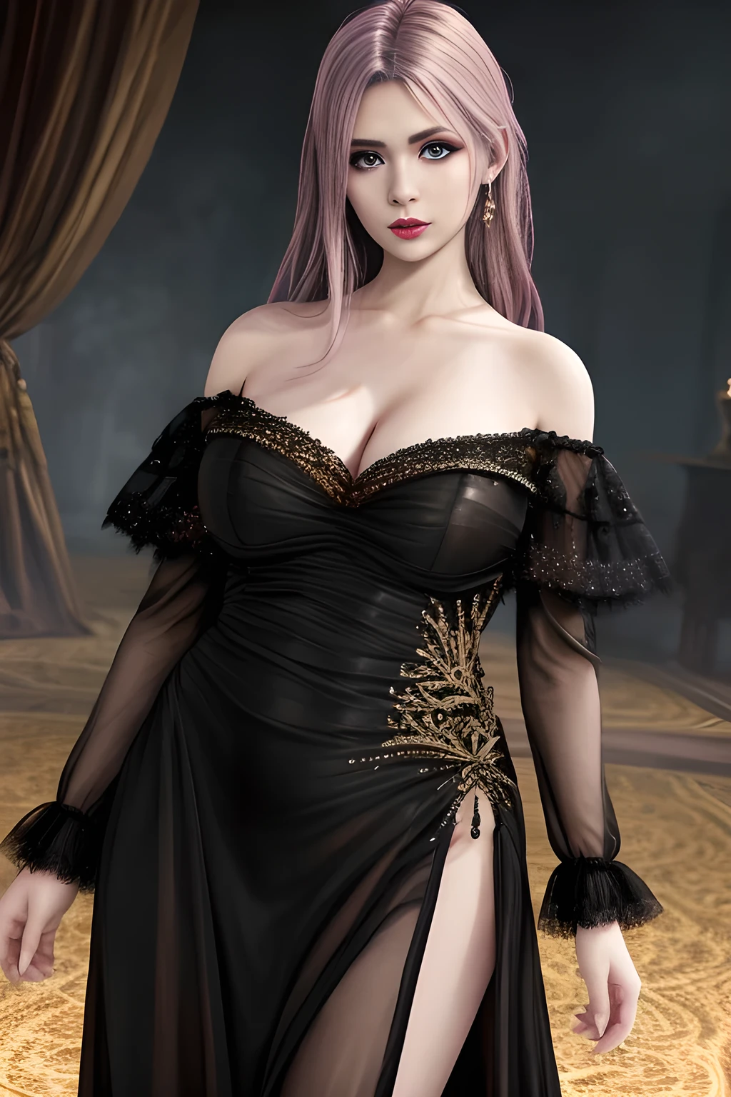 1girl, long sleeves, black dress, off shoulder, bare shoulders, long dress, (see-through), tulle dress,beautiful detailed eyes, beautiful detailed lips, extremely detailed eyes and face, long eyelashes, best quality, 4k, 8k, highres, masterpiece, ultra-detailed, realistic, photorealistic, photo-realistic, ethereal glow, regal elegance, intricate details, luxurious, otherworldly beauty, dark atmospheric background, supernatural aura, elise,