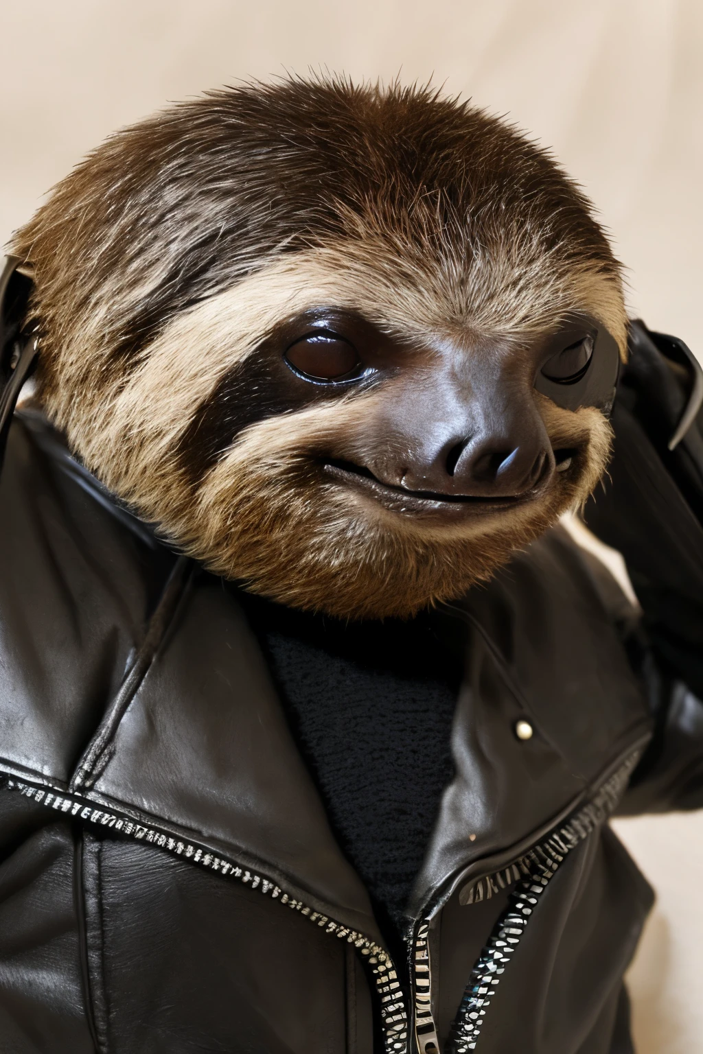 hyper realistic photo of a complete badass sloth, animal sloth wearing black leather biker clothes, black sunglasses, sitting on a bed, showing off a tiny sachet, smiling, romantic vibes