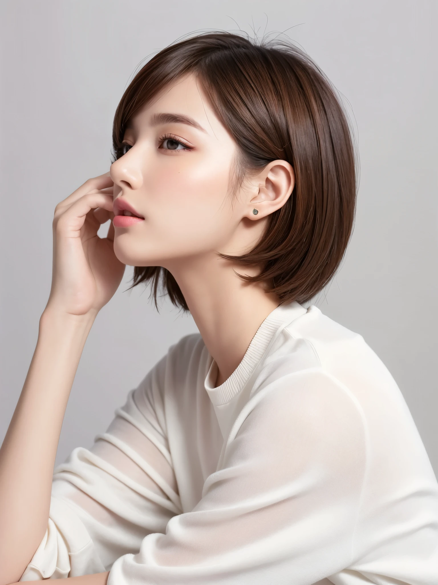 (Highest quality、Tabletop、8K、Best image quality、Award-winning works)、((profile:1.3))、ear、((short hair:1.1)),(Brown Hair)、(White casual clothes:1.2)、(The simplest pure white background:1.3)、(Perfectly fixed in front:1.1),(Portrait with space:1.3)、Beautiful and detailed、Perfect Makeup、Ultra-high definition beauty face、Ultra HD Hair、Ultra-high definition sparkling eyes、Ultra-high quality glossy lips、Accurate anatomy、Very beautiful skin、(Pure white skin shining in ultra-high resolution:1.1)、(Very bright:1.2),Big Natural Color Lip、Lip gloss,Harajuku、cute、cute美人