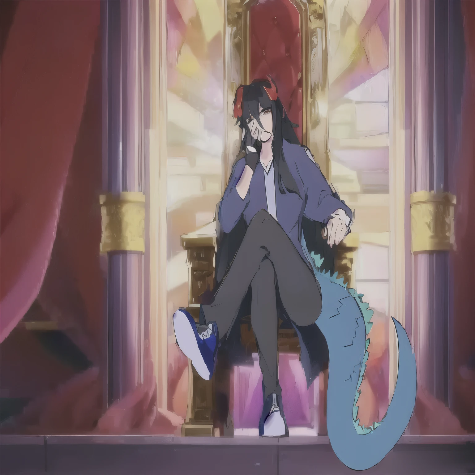 Anime character sitting on a throne with a dragon on his lap., sitting on obsidian throne, sitting on his throne, Dandy from the anime Space Dandy, sitting on a gilded throne, Anime style", In anime movies, but like a human dragon, like a human dragon, anime still, Dandy style in space, In the masterpieces of anime