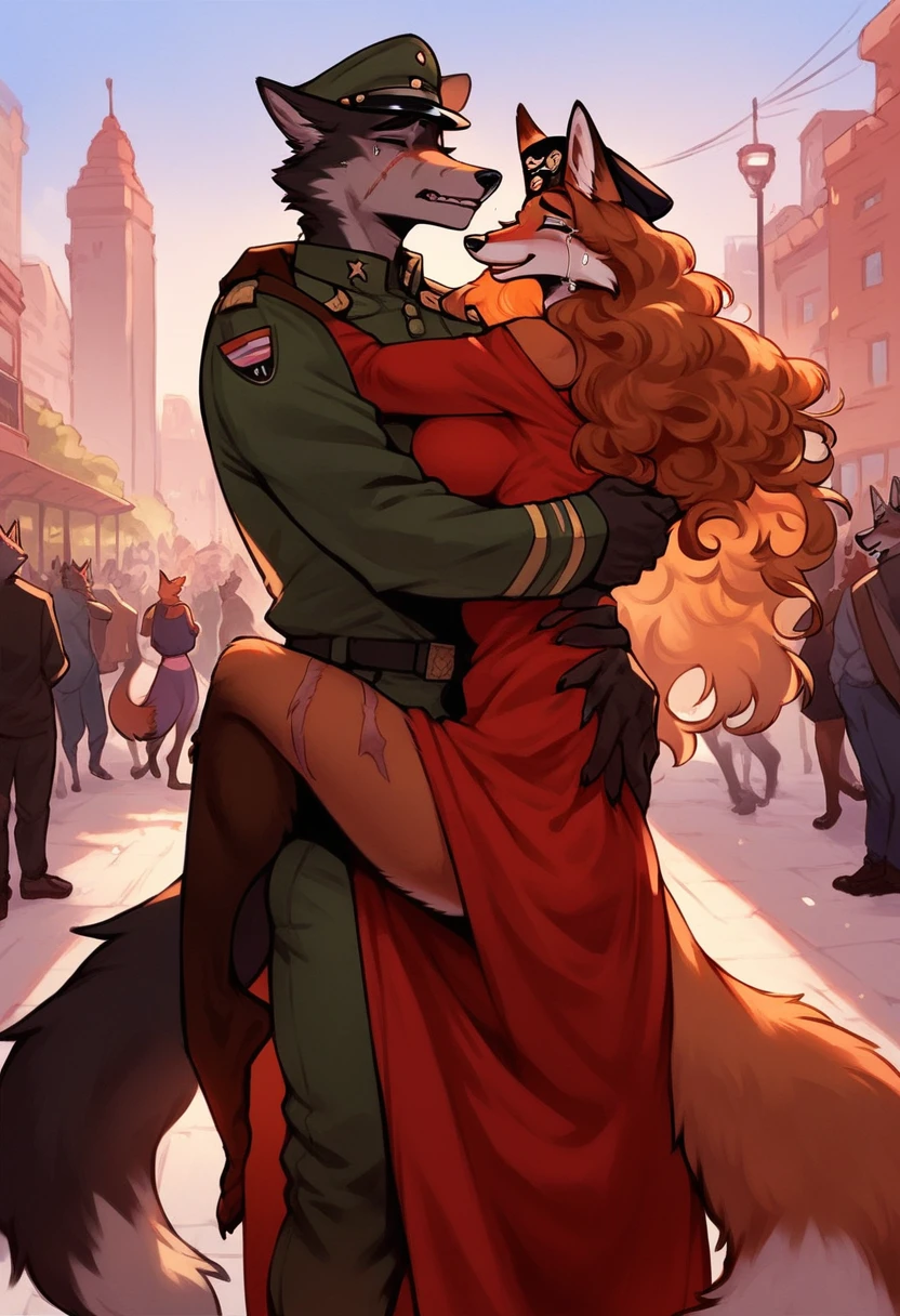 score_9, score_8_up, score_7_up, city, town park square, daytime, crowd on background, sunny, happy, joyful, love, reunion, face to face, (kissing:0.5)
((fox:1.2), anthro, female, dark brown fur, long flowing hair, beautiful, wearing a dress, crying tears of joy, hugging, being lifted, feet off the ground)
((wolf:1.2), anthro, male, black fur, (scars, wounds), (wearing a military uniform, pants and hat), strong, lifting, loving expression)