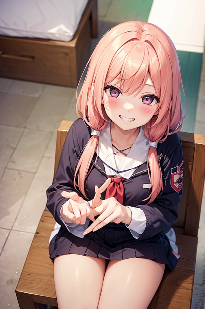Grin, peace sign, From above, (Squint your eyes:1.2), close, One Girl, blush, sit, nsfw