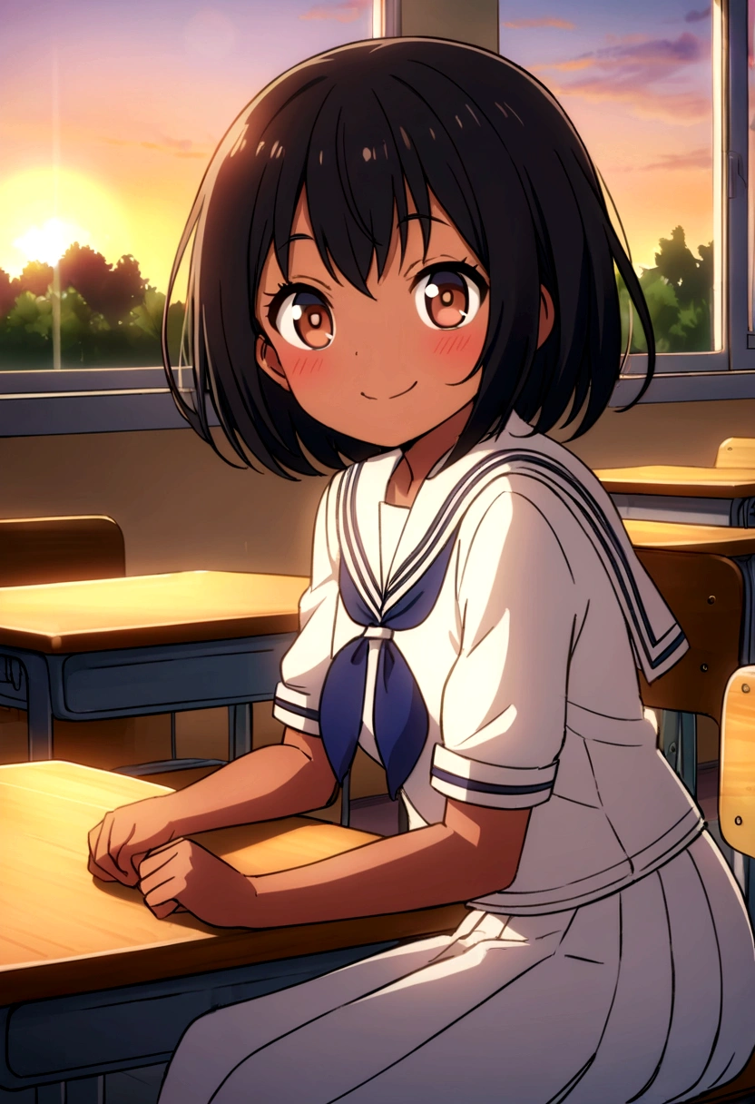 Highest quality、high resolution、Detailed Description、Detailed Background、Accurate depiction、animeスタイル、anime、Cheerful girl、Dark Skin、Sailor suit、School、classroom、Sit on a desk、A mischievous smile、Black Short Hair、Big eyes、cute、Sunset