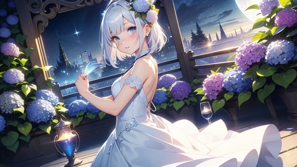 Best quality、Photorealistic、Ultra-detailed、delicate、Orderly、High Detail、Bluish Silver Short Bob、(Drooping heterochromia iris,glowing eyes、Sparkling Eyes:1.3)、slender、(One girl:1.2)、(moon、night、Night Sky、Dark night、Glowing Hydrangea、Mysterious Light、Dutch Angle、Dancing Girl:1.3)、Ambient Occlusion、Ambient Light、Ray-traced Reflections、Glow、Shiny Hair、