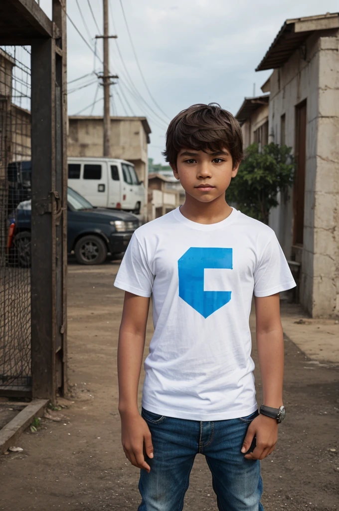 A boy is standing with his hand on the logo of the Free Fire game and he is wearing a white t-shirt and it has ak.official.20 written on it.