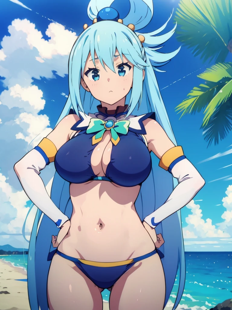 (masterpiece, Best quality: 1.2), solo, 1 girl, Konosuba ,aqua, thoughtful face, looks at the viewer, Hands on hips, Hair rings, blue bikinis, huge breasts, beach