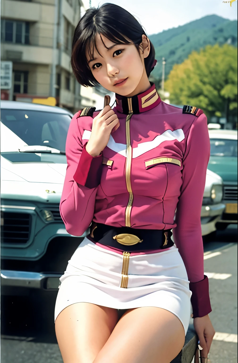 Actual Photos、Highest imYear quality、Realistic、Beautiful woman、Beautiful thighs、Beautiful Face、real imYear、Federal Army Uniform Miniskirt、ponytail、Yuriko Yoshitaka、16Year日本人女性、Zuo々Ki Nozomi:1.4、pretty girl、Pink Pantiesが見える、1６Year、（White panties:1.3）、Ultra mini skirt、Beautiful thighs、Pink Panties、赤いミニスカートがめくれてPink Pantiesが見えてる