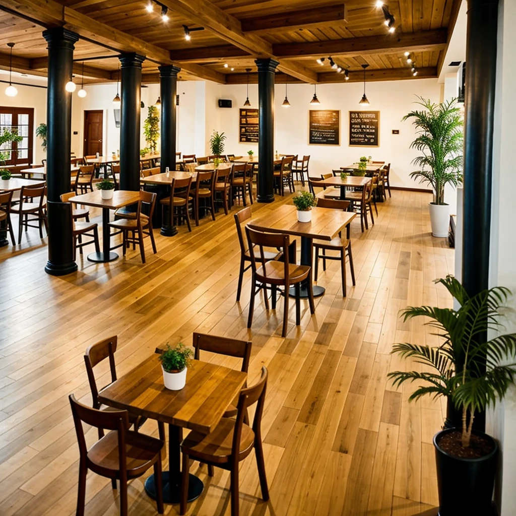 Interior of the restaurant with three columns in the center, a pair of large tables with soft chairs in light colors and wooden floor and a bar with plants in 3D graphics, like in a game