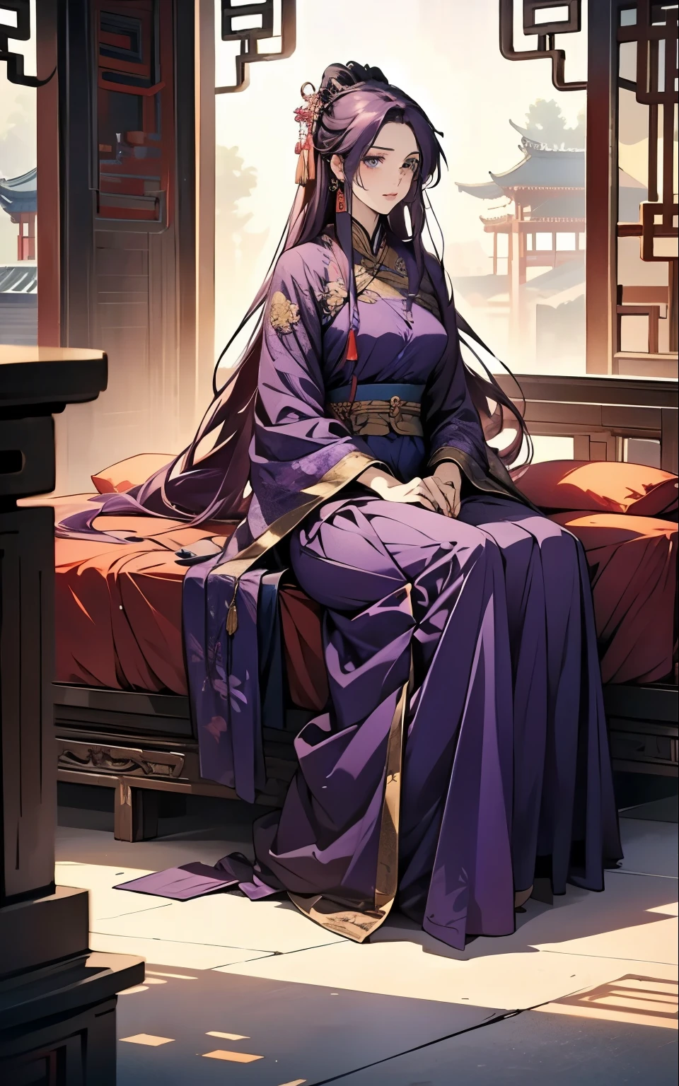 1 middle-aged women, (45 years old), long purple hair, blue eyes, chinese clothes, (!PURPLE! clothes, ultra long skirt ), chinese room, portrait