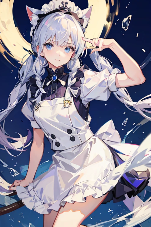 White-haired,Down braided pigtails,Blue Eyes,female,cute,girl,maid uniform,cat ears,hat