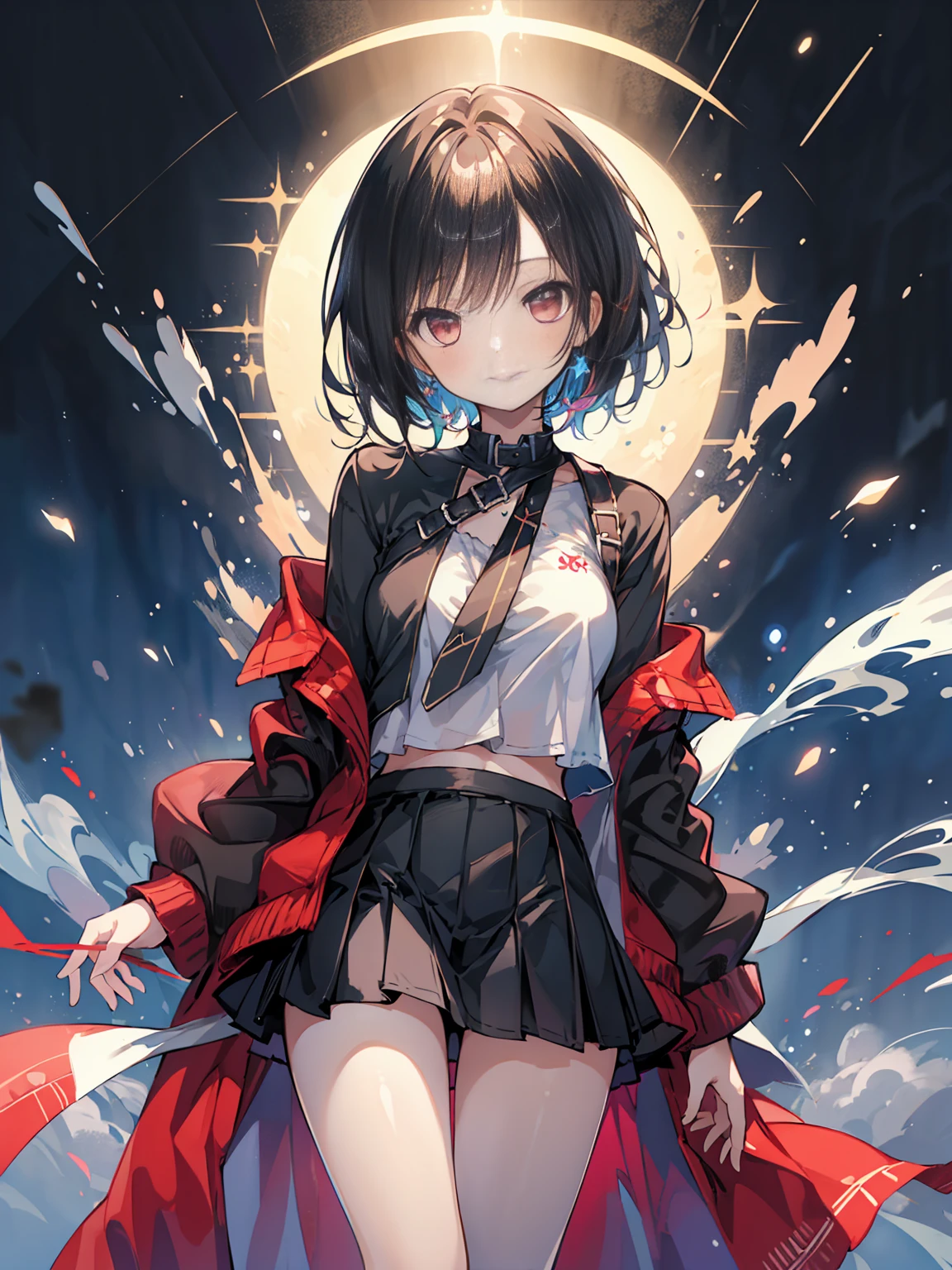 (masterpiece, highest quality, highest quality, (No text), Beautiful and aesthetic:1.2),No text,アニメ、 BREAK,One Girl,Short black hair Beautiful eyes Red eyes Beautiful mouth cool smile cute Black jacket mini skirt whole body night