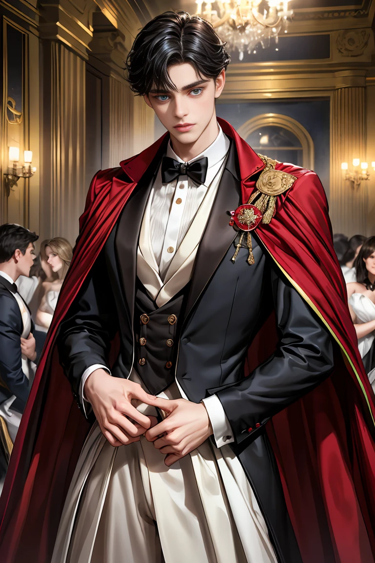 masterpiece, 最high quality, high quality, 1 boy, alone, Male focus, Watching the audience, Messy black hair, Adorable big blue eyes, White people, Noble, Noble,Sexy voluminous black and red cape、Tuxedo、A very voluminous, large, very large, very large, long, long red and black cape with a high stand-up collar, reaching down to the floor, made of a lot of fabric., ,Cute beautiful boys,Cute, cute, kind, handsome guy