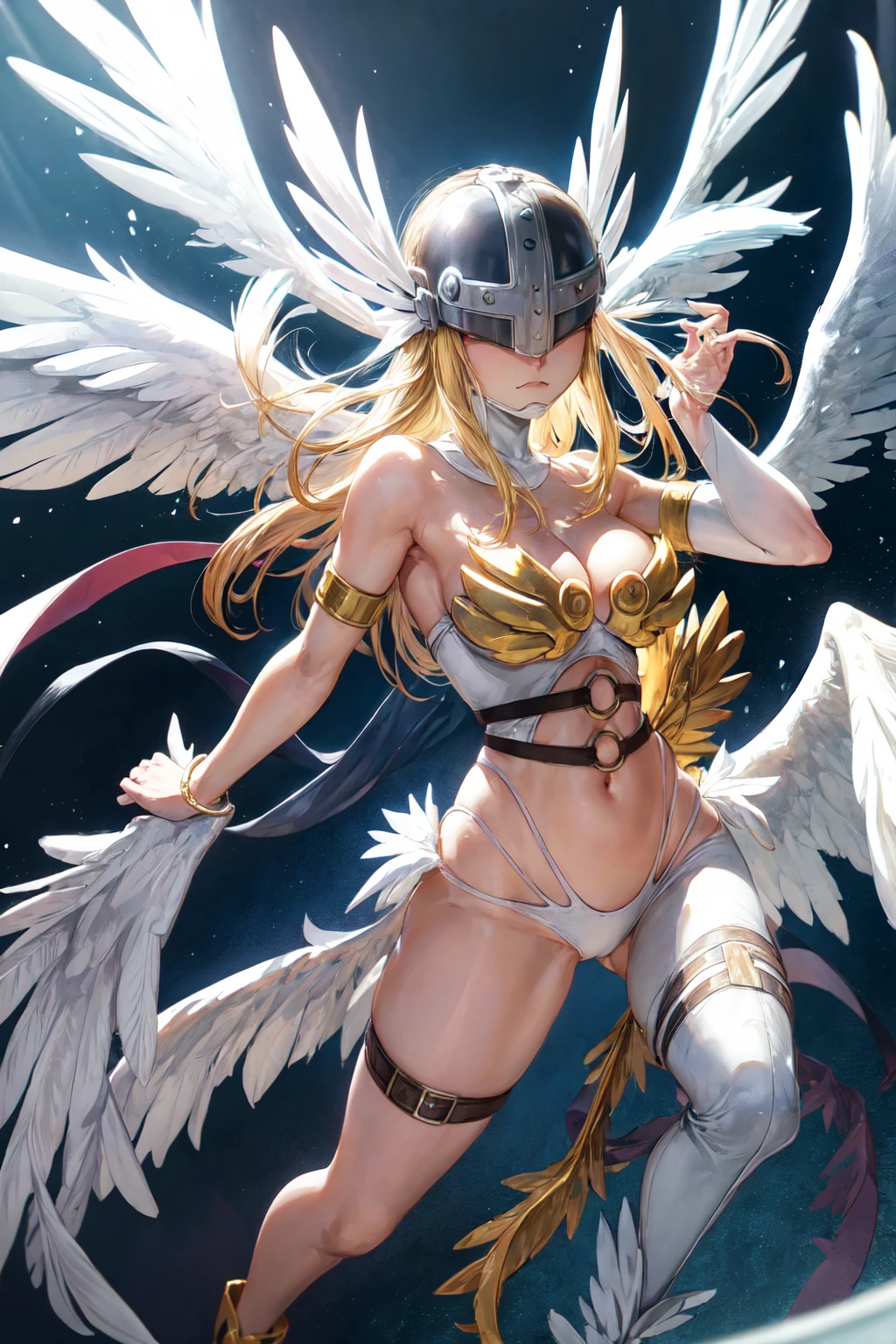 cuerpo completo, angewomon, long hair, breasts, blonde hair, large breasts, huge breasts, ribbon, navel, cleavage, bare shoulders, closed mouth, wings, o-ring, belt, thigh strap, helmet, head wings, feathered wings, facing viewer, angel wings, white wings, asymmetrical clothes, covered eyes, multiple wings, digimon (creature), winged helmet, anime screencap, (obra maestra:1.1), (La mejor calidad:1.1), (Colores vivos:1.1)