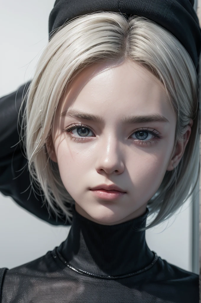 ((best qualityer)), ((work of art)), (detailded), 1 a close-up of a young boy with white hair and a black surgical mask, wearing a simple black cap covering the forehead, wearing a simple black turtleneck, 🌺 anime styling. 8K, anime styling 3D, popular em CGSTATION, Arte detalhada de alta qualidade em 8K, Guvez style art, fantasy art style, anime styling 3D realista, anime inspiration, anime styling mixed with Fujifilm