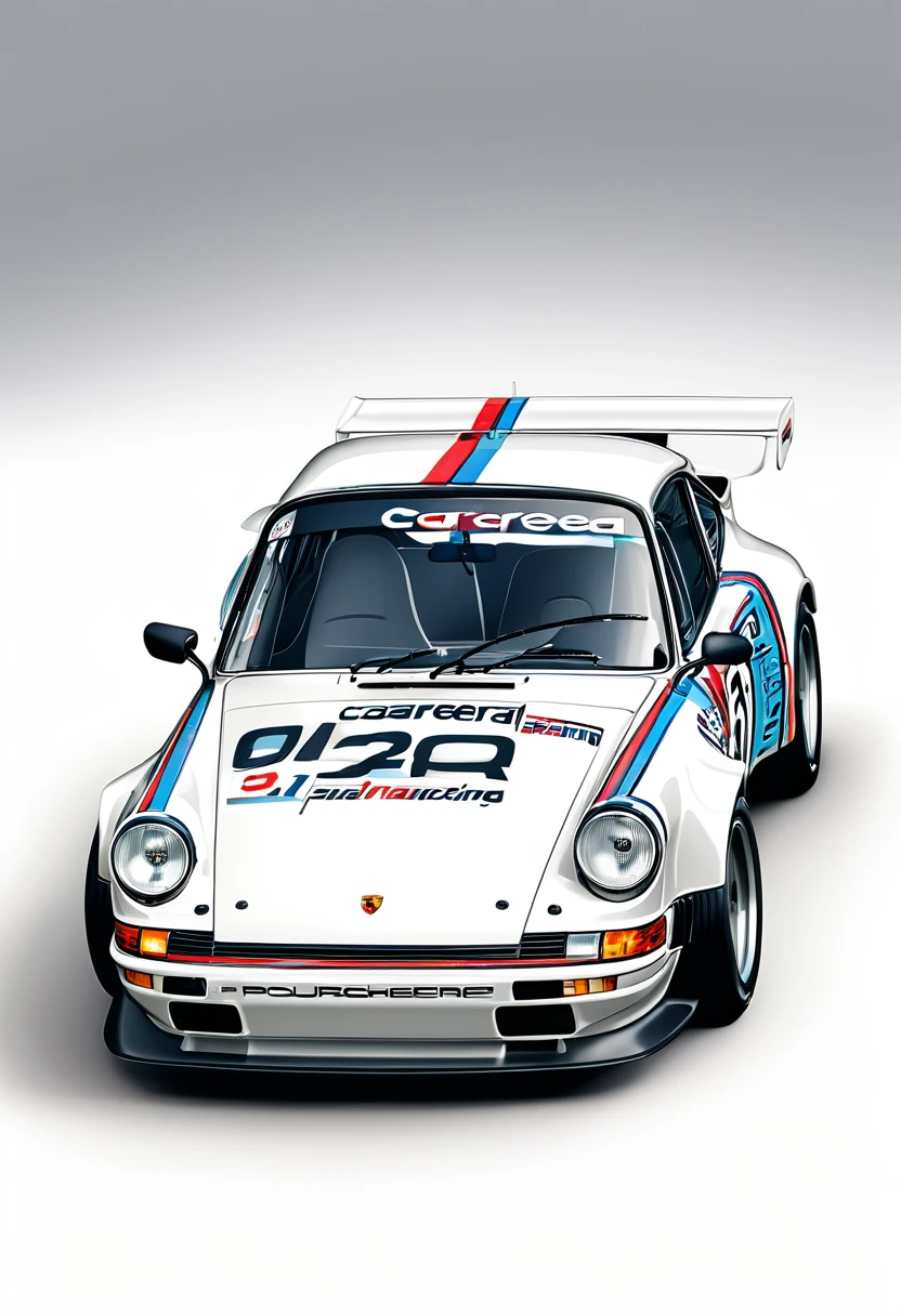Magnifique Porsche 911 Carrera 3, blanche, 1990, Martini Racing, vue de derrière, stylized digital illustration, very detailed digital illustration, Retro style art, detailed vector art, vintage illustration, realistic
