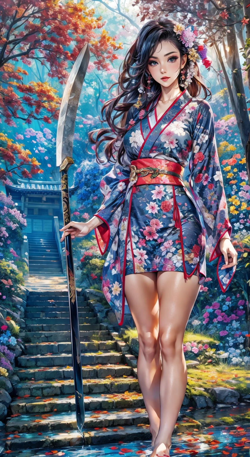 Shrine after the rain、Beautiful 30 year old woman、Purple kimono、Flashy floral kimono、Holding a naginata in his right hand、The naginata blade shines in the light.、Large Breasts、There is a puddle、Barefoot、