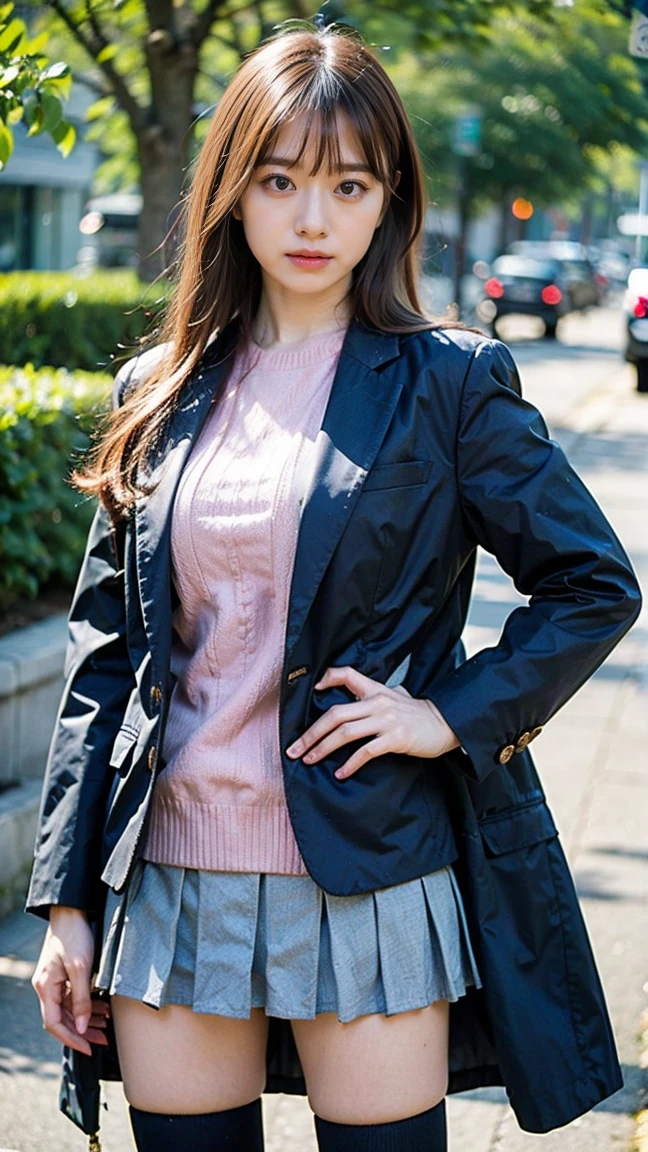 (8K、RAW Photos、Highest quality、masterpiece:1.2)、(Realistic、Photorealistic)、1 Girl、((In town、Pink Coat、Black Mini Skirt、Ribbon on chest、Blonde、Knee socks、boots、Big Breasts、Look forward、Standing with hands on hips))、