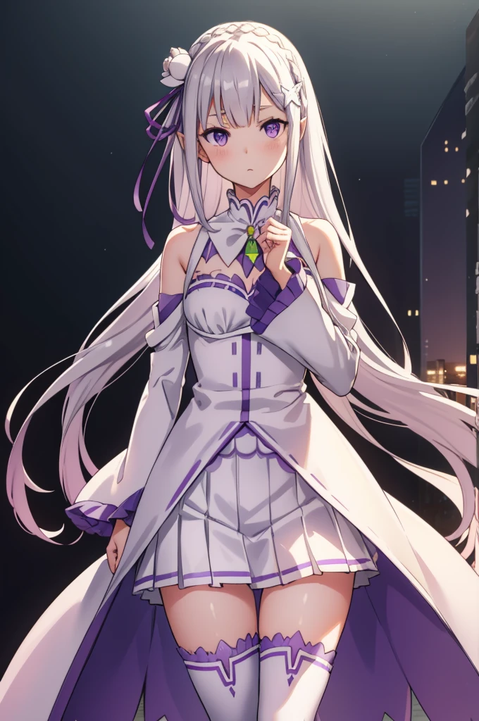 rezeroEmilia, Emilia, Braiding, crown Braiding, flower, hair flower, hair ornaments, hair ribbon, Long Hair, Pointed Ears, (Purple eyes:1.2), Gray Hair, x hair ornaments,
break detached collar, Removable sleeves, Frills袖, Frills, Long sleeve, miniskirt, pleated skirt, ribbon, skirt, Knee socks, white skirt, White sleeves, white Knee socks, Wide sleeves, zettai ryouiki,
break outdoors, city,
break looking at viewer, break (masterpiece:1.2), Highest quality, High resolution, unity 8k wallpaper, (figure:0.8), (Beautiful attention to detail:1.6), Highly detailed face, Perfect lighting, Highly detailed CG, (Perfect hands, Perfect Anatomy),