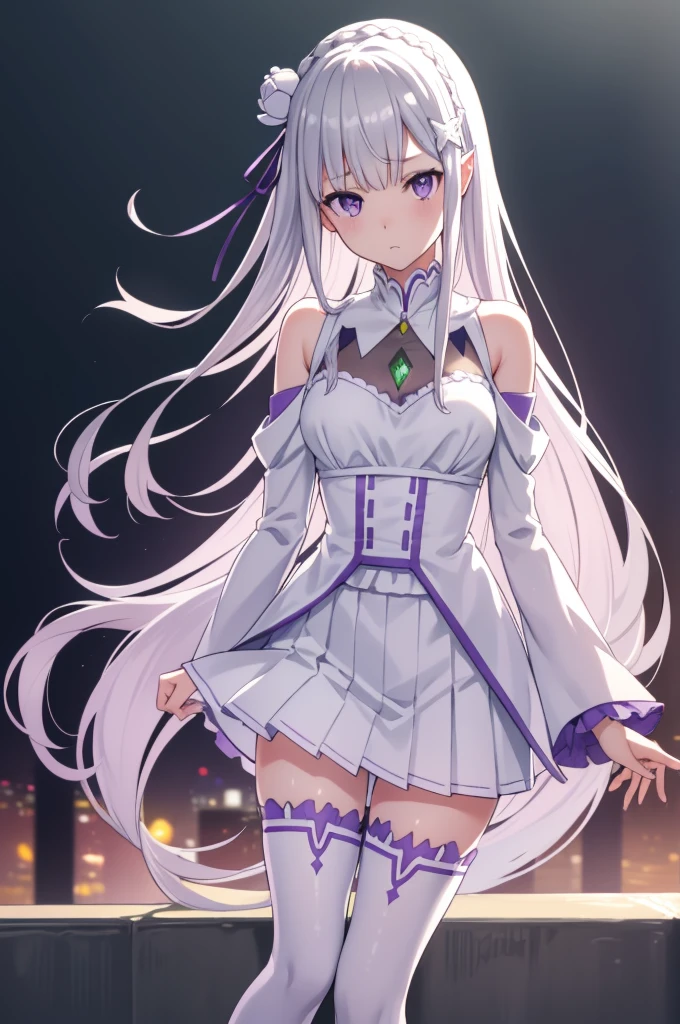 rezeroEmilia, Emilia, Braiding, crown Braiding, flower, hair flower, hair ornaments, hair ribbon, Long Hair, Pointed Ears, (Purple eyes:1.2), Gray Hair, x hair ornaments,
break detached collar, Removable sleeves, Frills袖, Frills, Long sleeve, miniskirt, pleated skirt, ribbon, skirt, Knee socks, white skirt, White sleeves, white Knee socks, Wide sleeves, zettai ryouiki,
break outdoors, city,
break looking at viewer, break (masterpiece:1.2), Highest quality, High resolution, unity 8k wallpaper, (figure:0.8), (Beautiful attention to detail:1.6), Highly detailed face, Perfect lighting, Highly detailed CG, (Perfect hands, Perfect Anatomy),