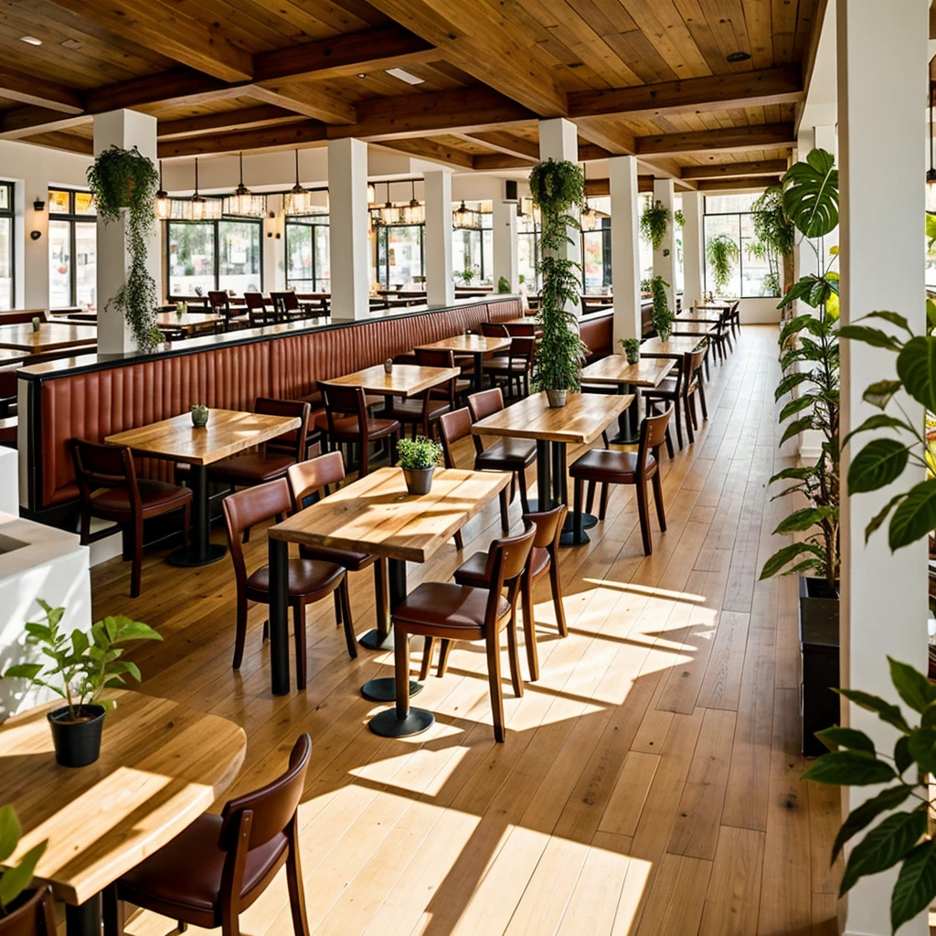 Interior of the restaurant with three columns in the center, a pair of large tables with soft chairs in light colors and wooden floor and a bar with plants in 3D graphics, like in a game