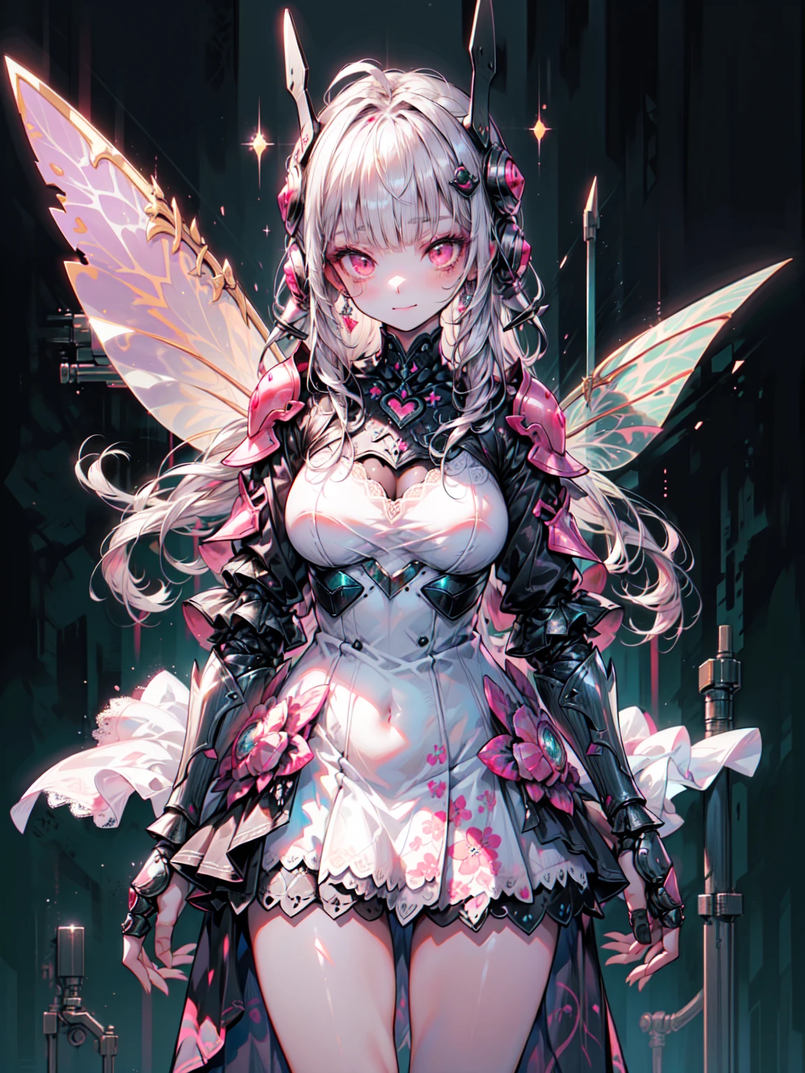 masterpiece, Highest quality, Very detailed, High resolution, Japanese anime,One Girl, Pink Hair, (Medium length hair:1.4),(Blunt bangs:1.5), Wavy Hair, Drill Hair, (ribbon:1.5), (Mechanical fairy wings:1.5), (Pink Eyes:1.5), (Beautiful details:1.4), smile, height: 130cm, original character, Fantasy, (Black background:1.2), (whole body:1.8), Beautiful fingers, (Are standing:1.5), (Big Breasts）、 (Lace Ruffle Gothic Jewelry Armor Dress:1.5), (Mechanical Headgear:1.5) , Shoot from the front, Show Viewer、Blake、（Dark Elf), (1 Girl), alone, Perfect Face, Get used to it, Ahoge, ((Long Hair:1.2)), (Hair above one eye:1.3), [[Messy Hair]], Shiny blonde white hair, Purple eyes, Variegated eyes, Colorful Hair, Shining Eyes, (eyelash, eye shadow, pink eye shadow), bright, smile, Design Art：Haruhiko Mikimoto, by Kawashi, By Yoshitaka Amano, Dark Skin