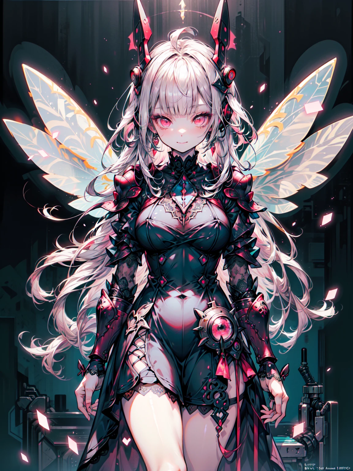 masterpiece, Highest quality, Very detailed, High resolution, Japanese anime,One Girl, Pink Hair, (Medium length hair:1.4),(Blunt bangs:1.5), Wavy Hair, Drill Hair, (ribbon:1.5), (Mechanical fairy wings:1.5), (Pink Eyes:1.5), (Beautiful details:1.4), smile, height: 130cm, original character, Fantasy, (Black background:1.2), (whole body:1.8), Beautiful fingers, (Are standing:1.5), (Big Breasts）、 (Lace Ruffle Gothic Jewelry Armor Dress:1.5), (Mechanical Headgear:1.5) , Shoot from the front, Show Viewer、Blake、（Dark Elf), (1 Girl), alone, Perfect Face, Get used to it, Ahoge, ((Long Hair:1.2)), (Hair above one eye:1.3), [[Messy Hair]], Shiny blonde white hair, Purple eyes, Variegated eyes, Colorful Hair, Shining Eyes, (eyelash, eye shadow, pink eye shadow), bright, smile, Design Art：Haruhiko Mikimoto, by Kawashi, By Yoshitaka Amano, Dark Skin
