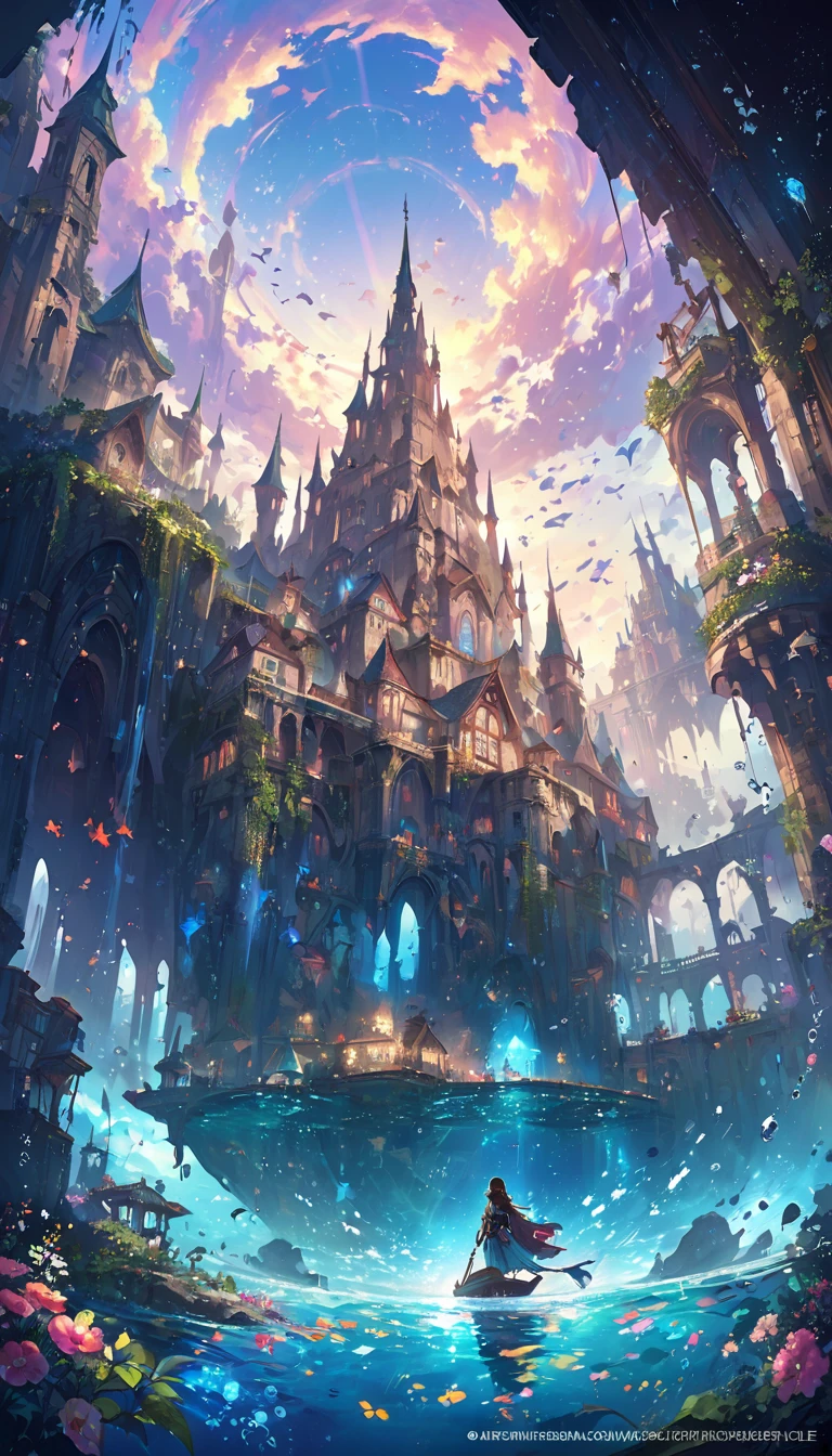 color (Fantasy: 1.2), (hayao miyazaki style), (Irregular Building Floating in the Sea), Patchwork Cottage, Floral decoration, Light, Concept art inspired by Andreas Rocha, Artstation Contest Winner, Fantasy art, (an underwater city), Ross Tran, Light shaft, Realistic lighting, masterpiece, high quality, Beautiful graphics, Attention to detail, masterpiece, high quality, Beautiful graphics, Attention to detail, 