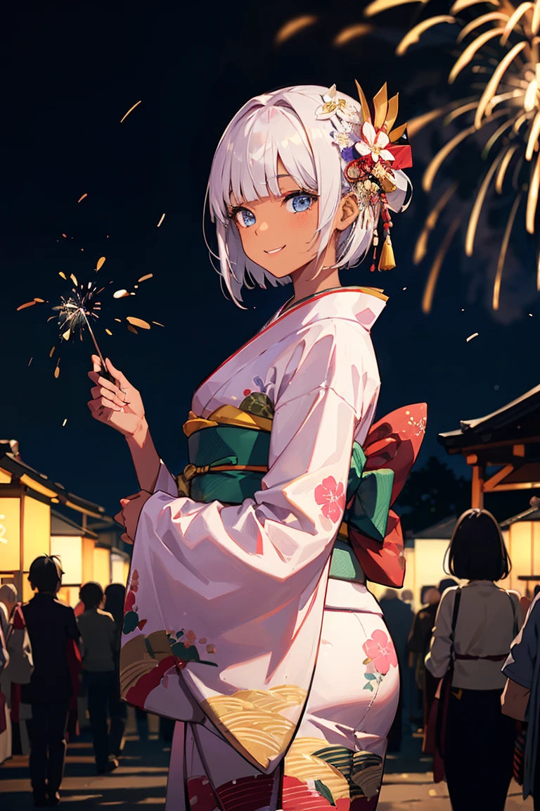 One Woman、 (((dark skin))), Beautiful silver hair、((((Very short hair))))、French braids、skyblue eyes、Beautiful Eyes、(hair band)、(((Blunt bangs))), ((Medium Chest)), 24-years-old、Tight waist, night、Fireworks display、Colorful fireworks、Festival of the Japan、((Pink long-sleeved kimono))、Long flower hair ornament、cowboy shot、looking back at viewer、smile、Shallow depth of field