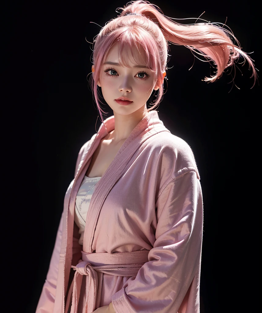 a beautiful girl,ponytail with bangs,pink hair,standing,looking at to the viewer,(Very Detailed: 1.3),ultra realistic,HDR,(High Dynamic Range),8K RAW,(((1GIRL))),(((wearing robe))),happy face,(((black background))),masterpiece,best quality,perfect proportion
