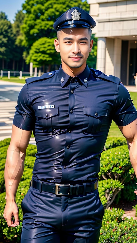 (Create a masterpiece: 1.2),(CGI art:1.3),(realistic:1.5),(After processing:1.3),(Sharp focus:1.3),10,1 man, smile, (wearing a police shirt Navy blue, short sleeve), Korean guy , korean men, (High gloss details), chest muscles, large arm muscles, blood vessel, Big muscles, Broad shoulders, looking at the audience, Balancing the eyes, desert
