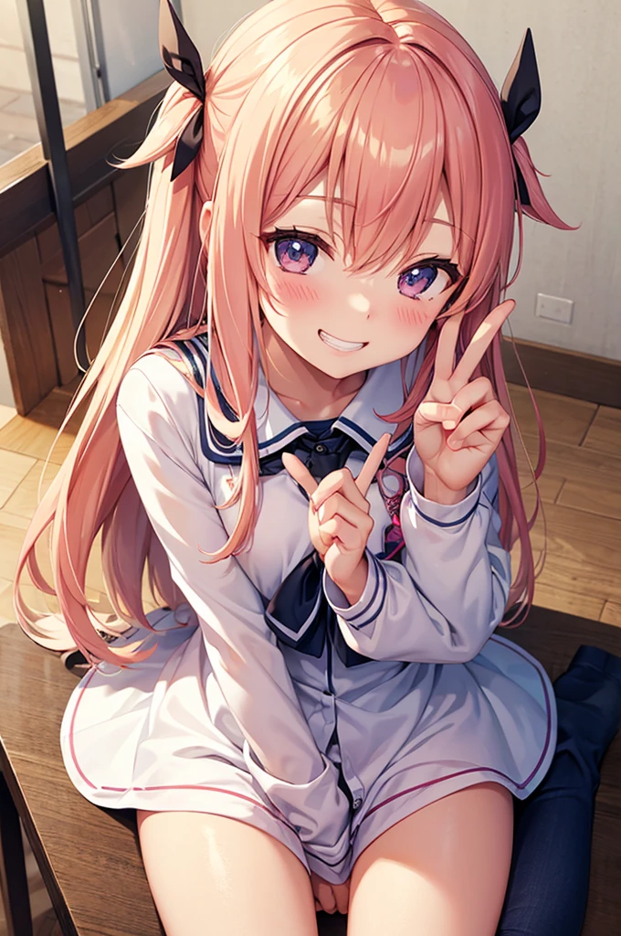 Grin, peace sign, From above, (Squint your eyes:1.2), close, One Girl, blush, sit, nsfw