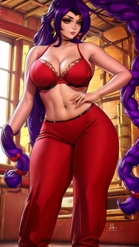  a y woman big breng purple hair wavy braids wears red belly bra and long red pants Arabia happy