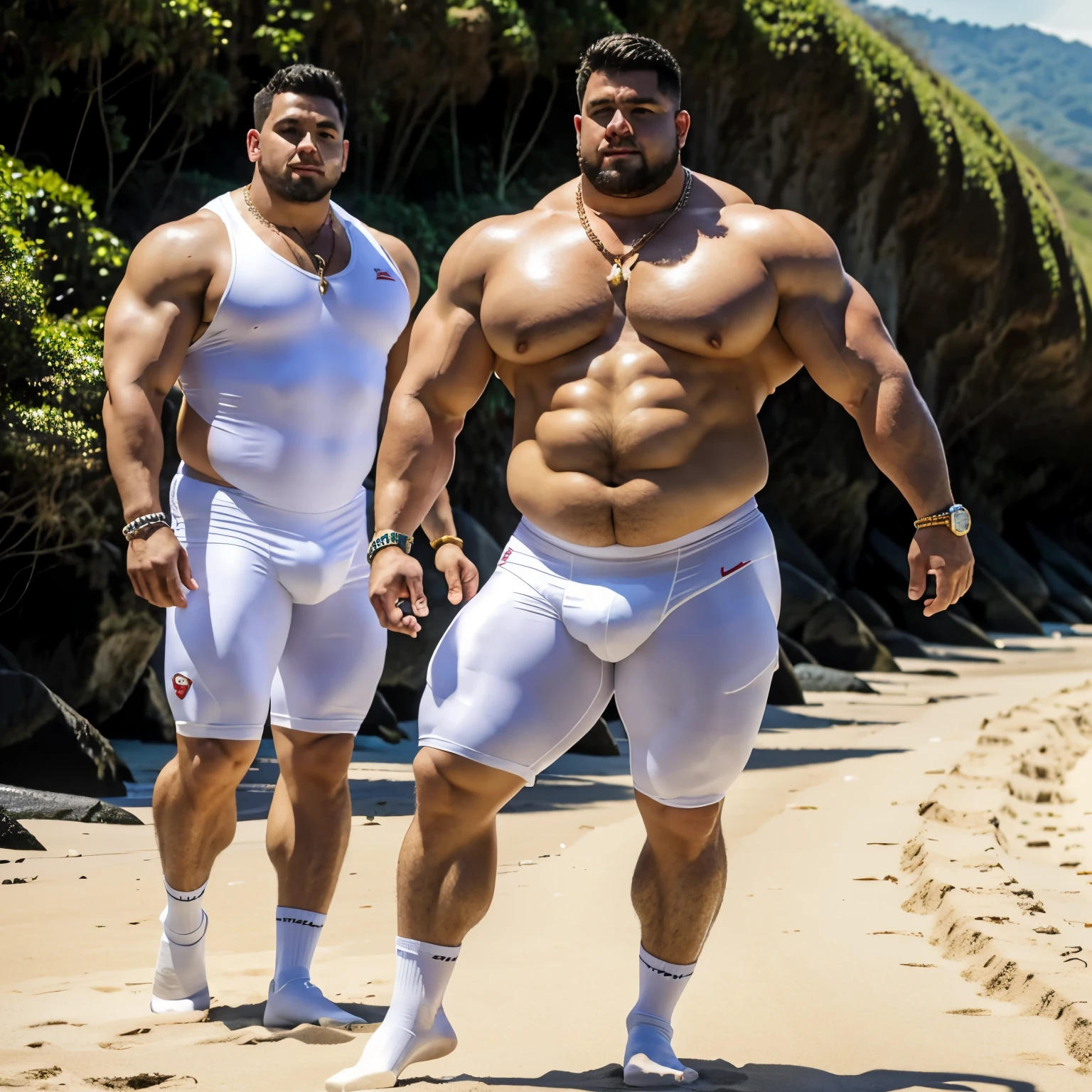 full view full body one white over-muscular with over-inflated and over-bloated enormous huge shoulders, pecs, biceps, abds and legs, Behemoth white Man looking very young with platinum-blond undercut haircut, in white lycra singlet and white socks, no shoes, dozens of golden rings, necklaces, bracelets, showing off his monstrously over-inflated and bloated muscles all over , proudly strutting  on touristic Costa Rica beach, white socks are visible
