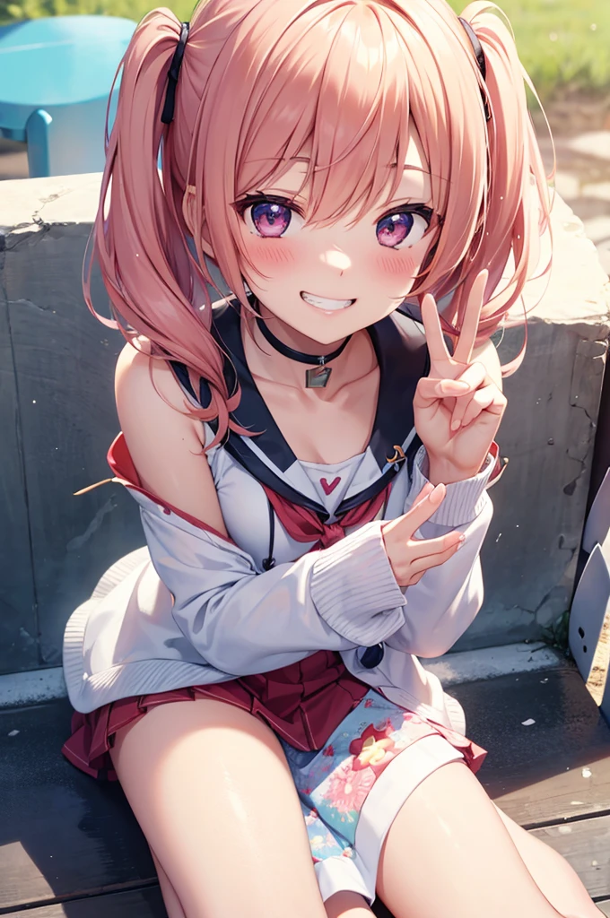 Grin, peace sign, From above, (Squint your eyes:1.2), close, One Girl, blush, sit, nsfw