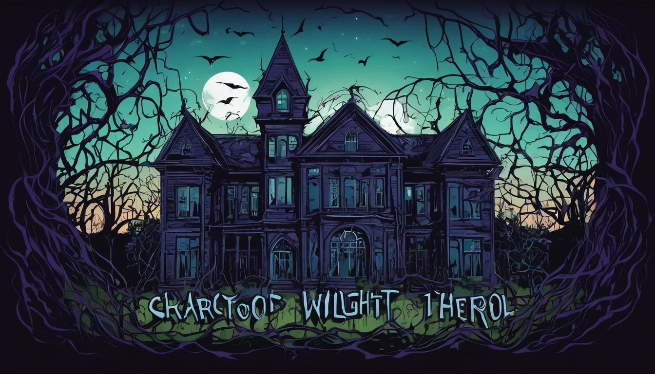 Create a digital artwork with an abstract color background. On the right side, depict a haunted school with eerie details like broken windows, overgrown ivy, and an ominous atmosphere. On the left side, include the text 'SCARY SCHOOL STORIES,' 'Twilight Terror,' and 'Podcast' in a bold and spooky font. The overall design should convey a sense of horror and intrigue, suitable for a podcast cover or promotional material.