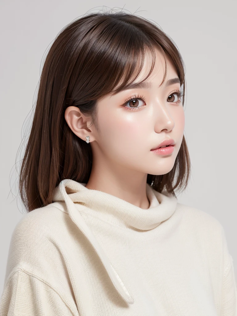 (Highest quality、Tabletop、8K、Best image quality、Award-winning works)、((profile:1.3))、ear、((short hair:1.1)),(Brown Hair)、(White casual clothes:1.2)、(The simplest pure white background:1.3)、(Perfectly fixed in front:1.1),(Portrait with space:1.3)、Beautiful and detailed、Perfect Makeup、Ultra-high definition beauty face、Ultra HD Hair、Ultra-high definition sparkling eyes、Ultra-high quality glossy lips、Accurate anatomy、Very beautiful skin、(Pure white skin shining in ultra-high resolution:1.1)、(Very bright:1.2),Big Natural Color Lip、Lip gloss,Harajuku、cute、cute美人、Twenty year old girl