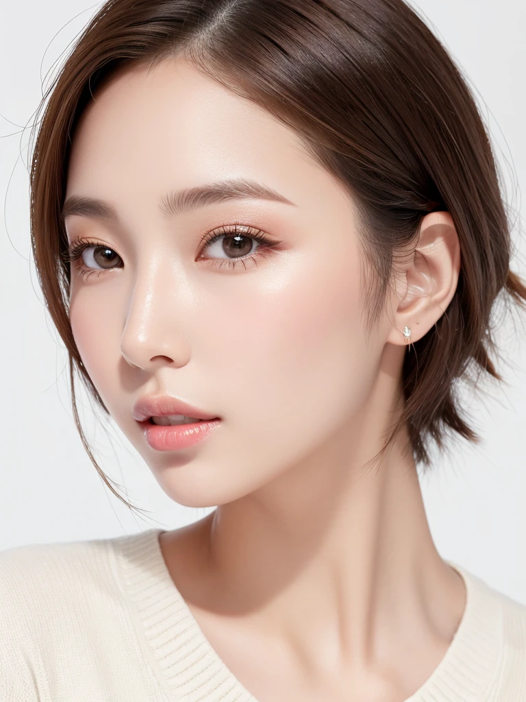 (Highest quality、Tabletop、8K、Best image quality、Award-winning works)、((profile:1.3))、ear、((short hair:1.1)),(Brown Hair)、(White casual clothes:1.2)、(The simplest pure white background:1.3)、(Perfectly fixed in front:1.1),(Portrait with space:1.3)、Beautiful and detailed、Perfect Makeup、Ultra-high definition beauty face、Ultra HD Hair、Ultra-high definition sparkling eyes、Ultra-high quality glossy lips、Accurate anatomy、Very beautiful skin、(Pure white skin shining in ultra-high resolution:1.1)、(Very bright:1.2),Big Natural Color Lip、Lip gloss,Harajuku、cute、cute美人、Twenty year old girl