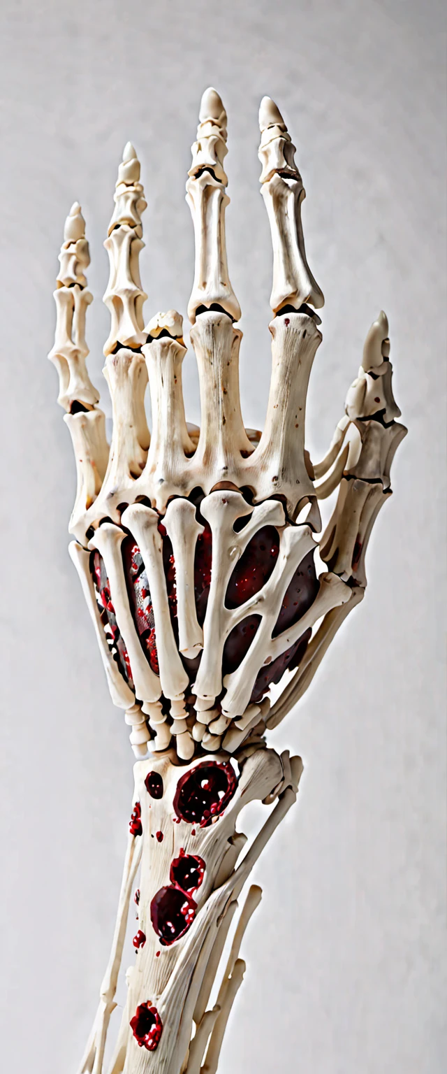 skeleton hand on white background , hand made of bone and teared flesh with blood on hand , closeup shot , ultra realistic , background color white  ,