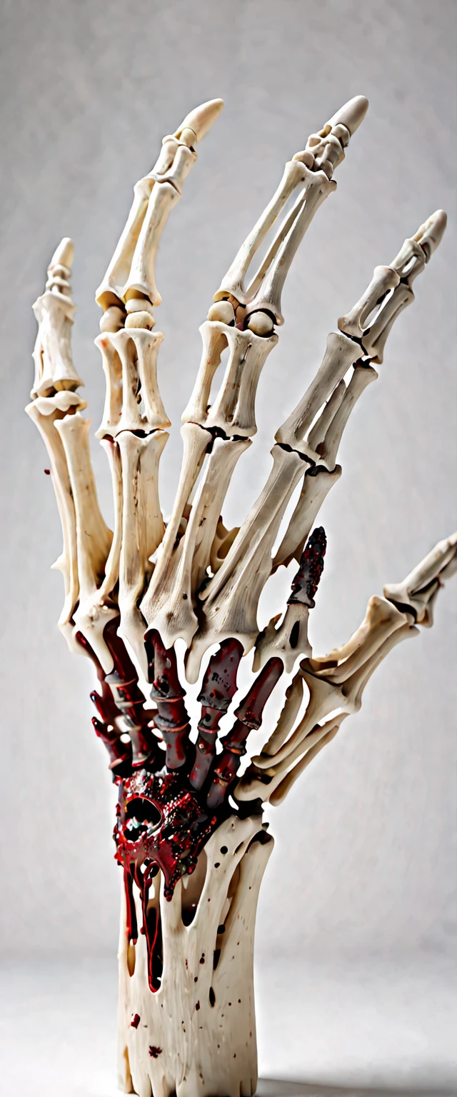 skeleton hand on white background , hand made of bone and teared flesh with blood on hand , closeup shot , ultra realistic , background color white  ,