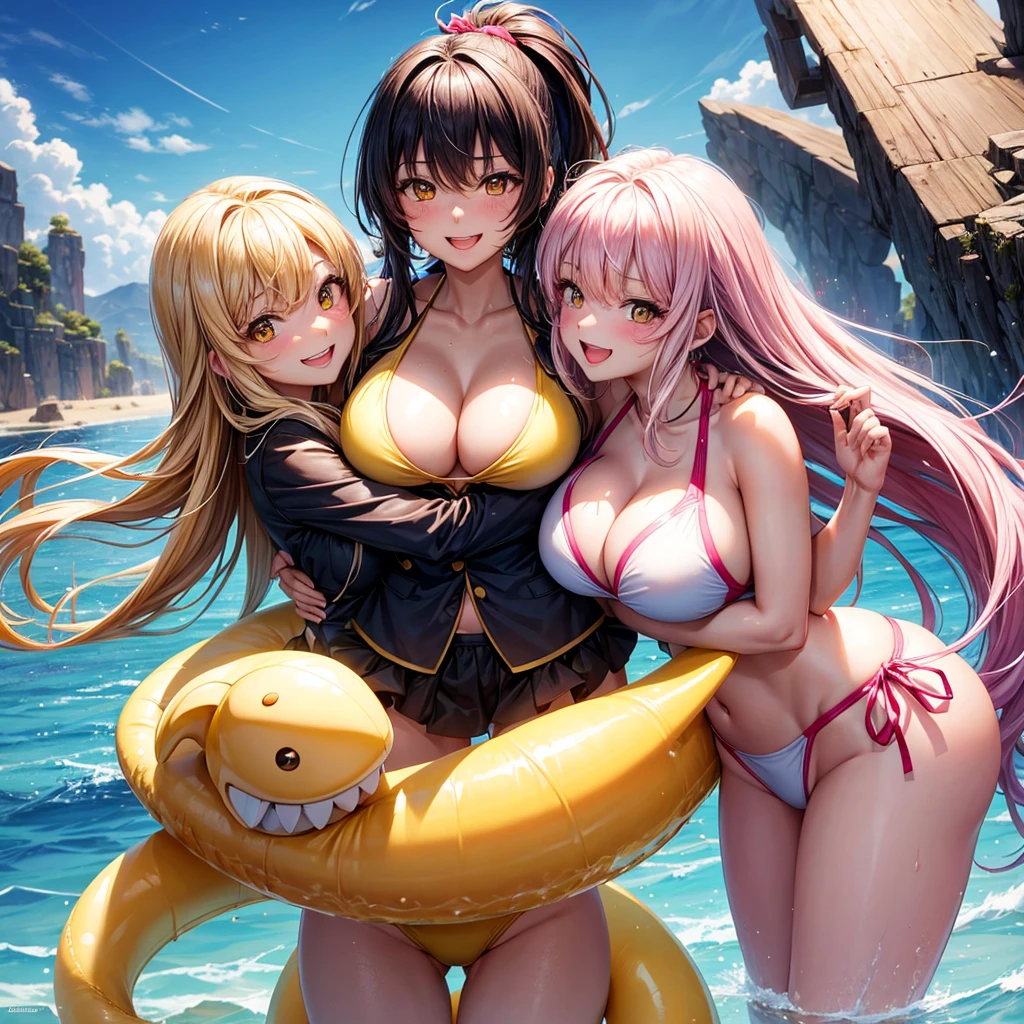 best quality,8K,smile,blazer,middle School girls,beautiful girl,swimsuit,bikini,multiple girls are depicted,Harem,idol group,photo shoot,long hair,highest quality,big breasts,happy girl,horny girl,yellow eyes,perfect face,standing position,girls hugging each other,letting down one's bangs,beautiful eyes,Ocean,girls hugging each other,smooth hair,angel girl,multicolored hair colors,naughty girl,beautiful girl,beautiful girl,loose socks