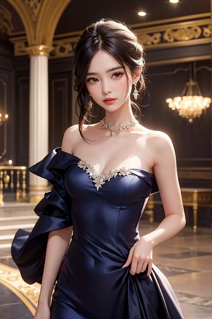 Create a stunning image of a woman wearing a luxurious evening dress. The dress should be a perfect blend of elegance and sophistication, flowing gracefully to the floor with a slight train. It should feature a deep, rich color like midnight blue or emerald green, with delicate embroidery or beading that catches the light. The bodice should be form-fitting, accentuating her silhouette, with an off-the-shoulder or sweetheart neckline to add a touch of romance. The fabric should be high-quality, such as silk or satin, with a subtle sheen that gives the dress a glamorous look. She should be standing in a beautifully lit room, perhaps a grand ballroom or a lavish hall, with soft lighting that highlights the intricate details of the dress