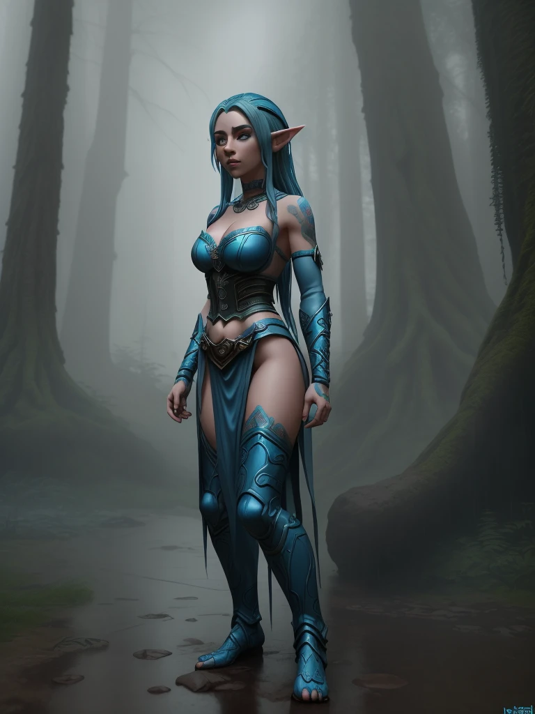 A blue haired female elf with tattoos and piercings standing in the rain, Fantasy, fantasy character portrait in the style of concept art., fantasy concept art created in the style of unreal engine., standing in the rain and mist of an ancient forest. She has dark tattoos on her arms and chest. The scene is in the style of concept art., wearing fantasy tribal