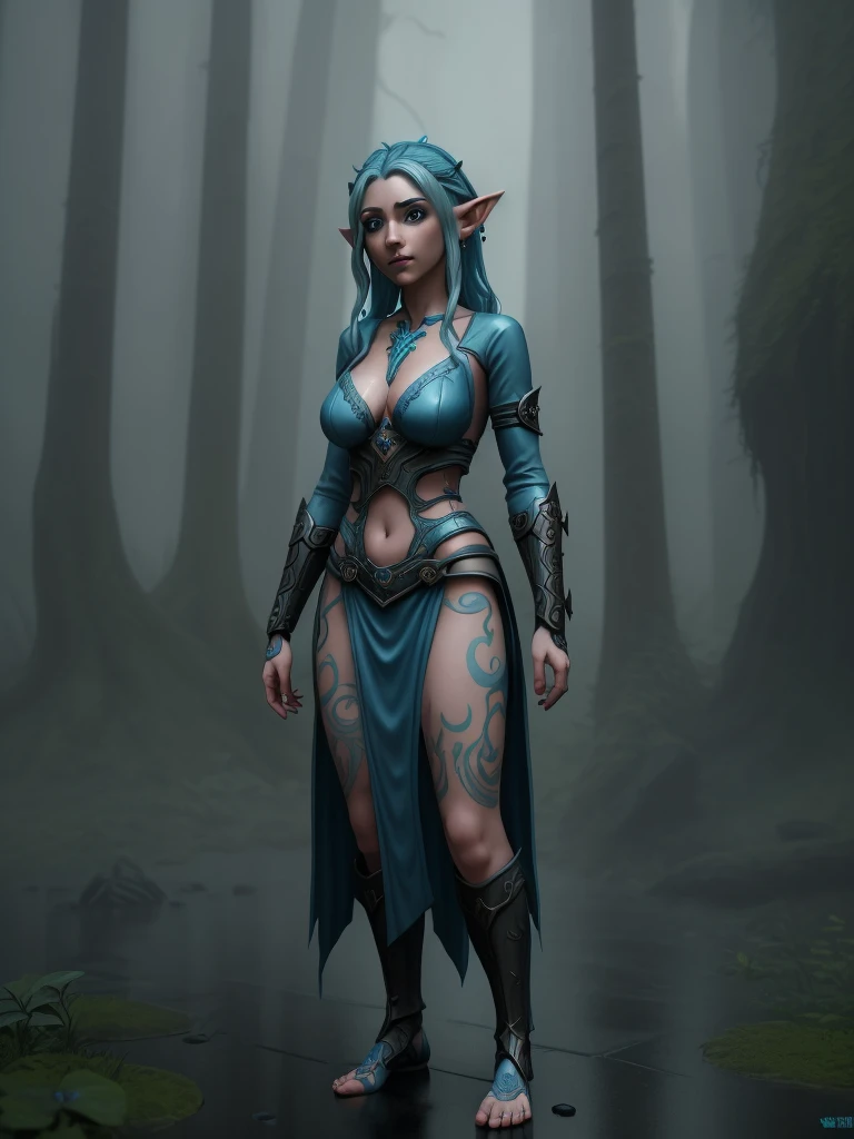 A blue haired female elf with tattoos and piercings standing in the rain, Fantasy, fantasy character portrait in the style of concept art., fantasy concept art created in the style of unreal engine., standing in the rain and mist of an ancient forest. She has dark tattoos on her arms and chest. The scene is in the style of concept art., wearing fantasy tribal