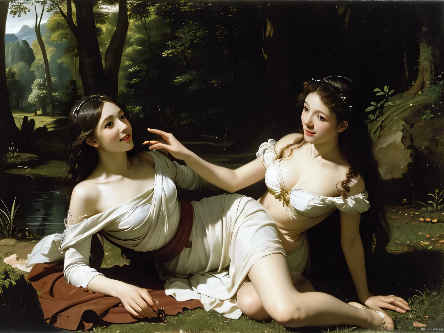 Giorgione painting style,Barbizon forest A beautiful woman in Greek dress smiles on the shore,Sweet and seductive appearance.、Caravaggio's paintings、Chiaroscuro of Caravaggio、hair tousled by the wind,Two women frolicking,cute smile, expression of ecstasy,Sexy,erotic, full body portrait