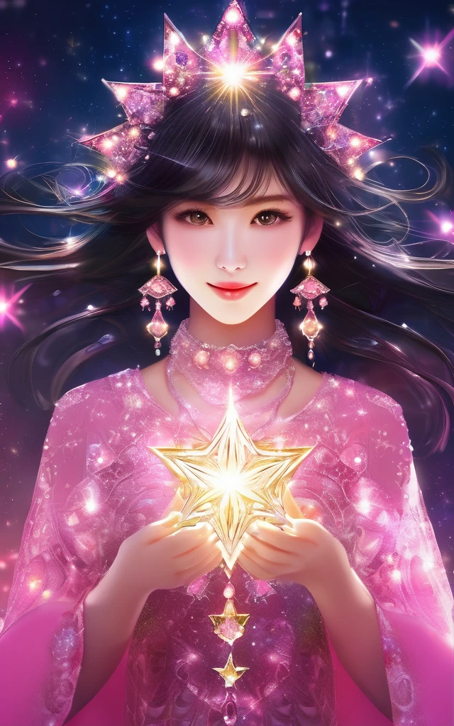 Beautiful woman,pink、pinkのボブヘア、A shining enchanting deity adorned with jewels、Holding a shining star jewel in each hand　Staring straight into the camera， in the center，Very bright color, Particles of light, The light shines, Wallpaper Art, UHD wallpaper、背景pink、Mysterious、輝くpinkのオーラ、Upper body close-up、Attractive smile、Stars Shining、