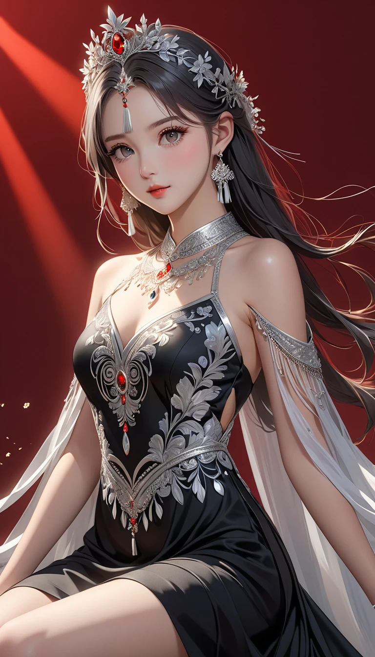 (masterpiece，high quality，8K).beautiful girl，Ethnic evening dress：1.5.Skin details，Bright Eyes，Thick eyelashes，Unique，Staring at the audience），（Black long skirt，Long legs，seedling：1.5，Silver jewelry：1.2，Silver crown：1.5，silver tassel：1.37，）。Clean and simple red background